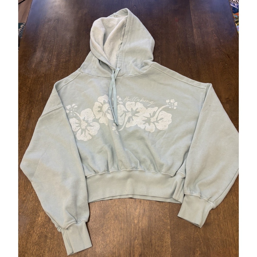 Billabong Womens Drop Shoulder Crop Hibiscus Hoodie Sweatshirt Light Mint Small